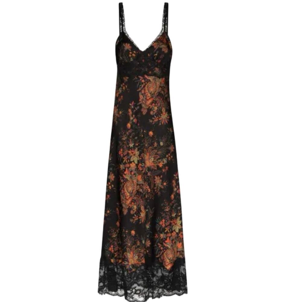 PACO RABANNE V-Neck Lace Trim Black Floral Print Maxi Slip Dress Dark Fairy - 38
